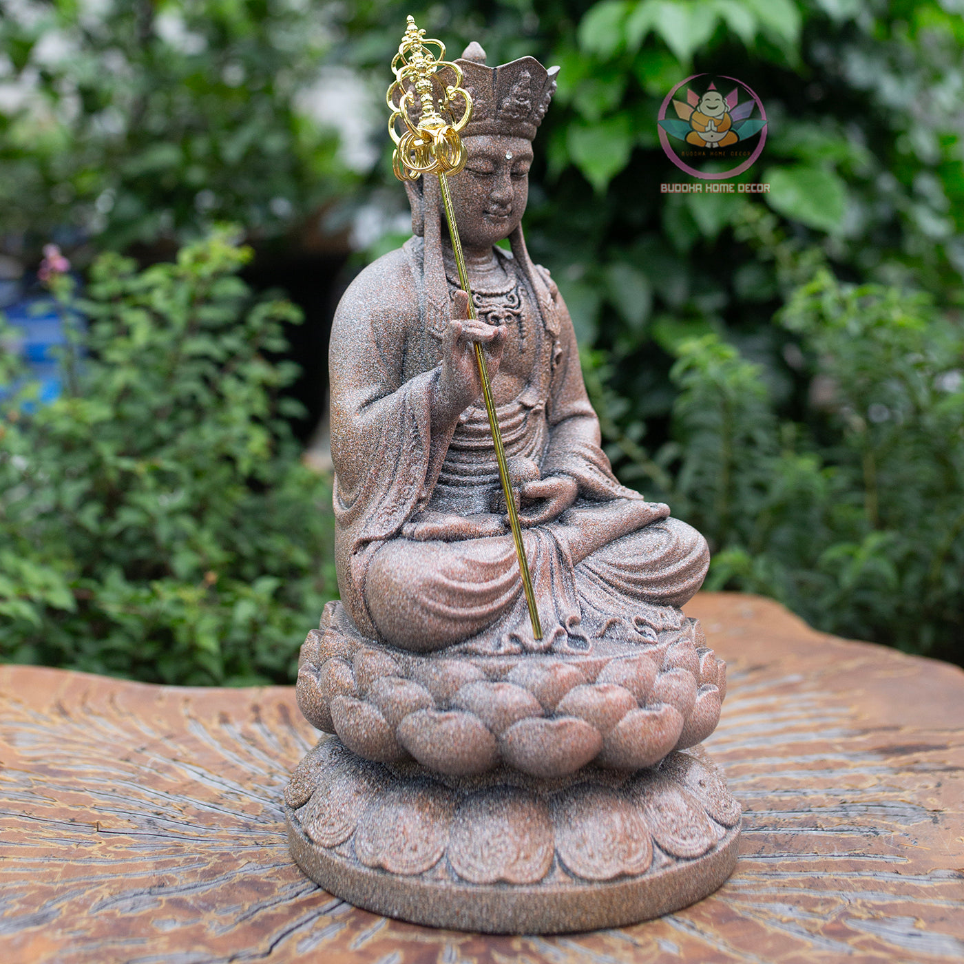 Ksitigarbha Bodhisattva Statue 11.8" – Antique Stone Finish Jizo with Lotus Pedestal