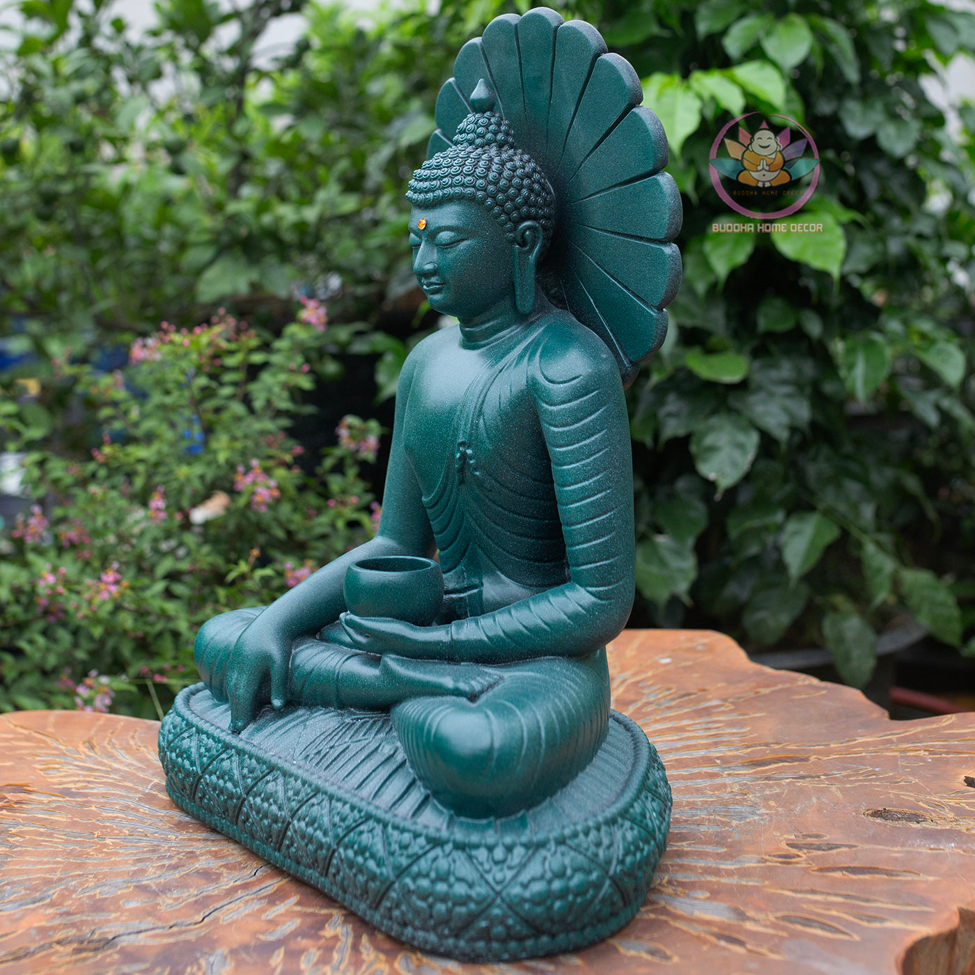 Thai Buddha Statue 15.3" – Composite Seated Buddha with Lotus Bowl and Halo, Antique Green Finish Meditation Sculpture