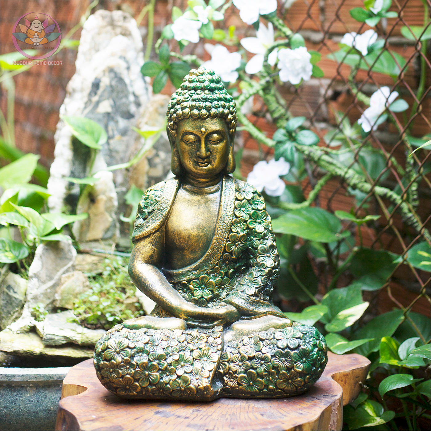 Floral Buddha Statue – 17" or 27.5" | Green Bronze Finish | Meditation Shakyamuni | Resin Handcrafted Buddhist Decor from Vietnam