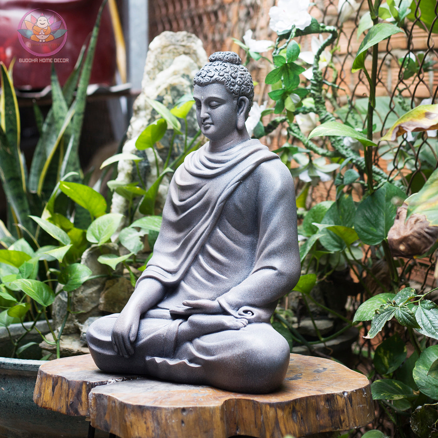 Stone-Textured Buddha Statue – 18.1" (46cm) Shakyamuni in Meditation | Earthy Gray Resin Finish | Handcrafted Vietnamese Altar Sculpture