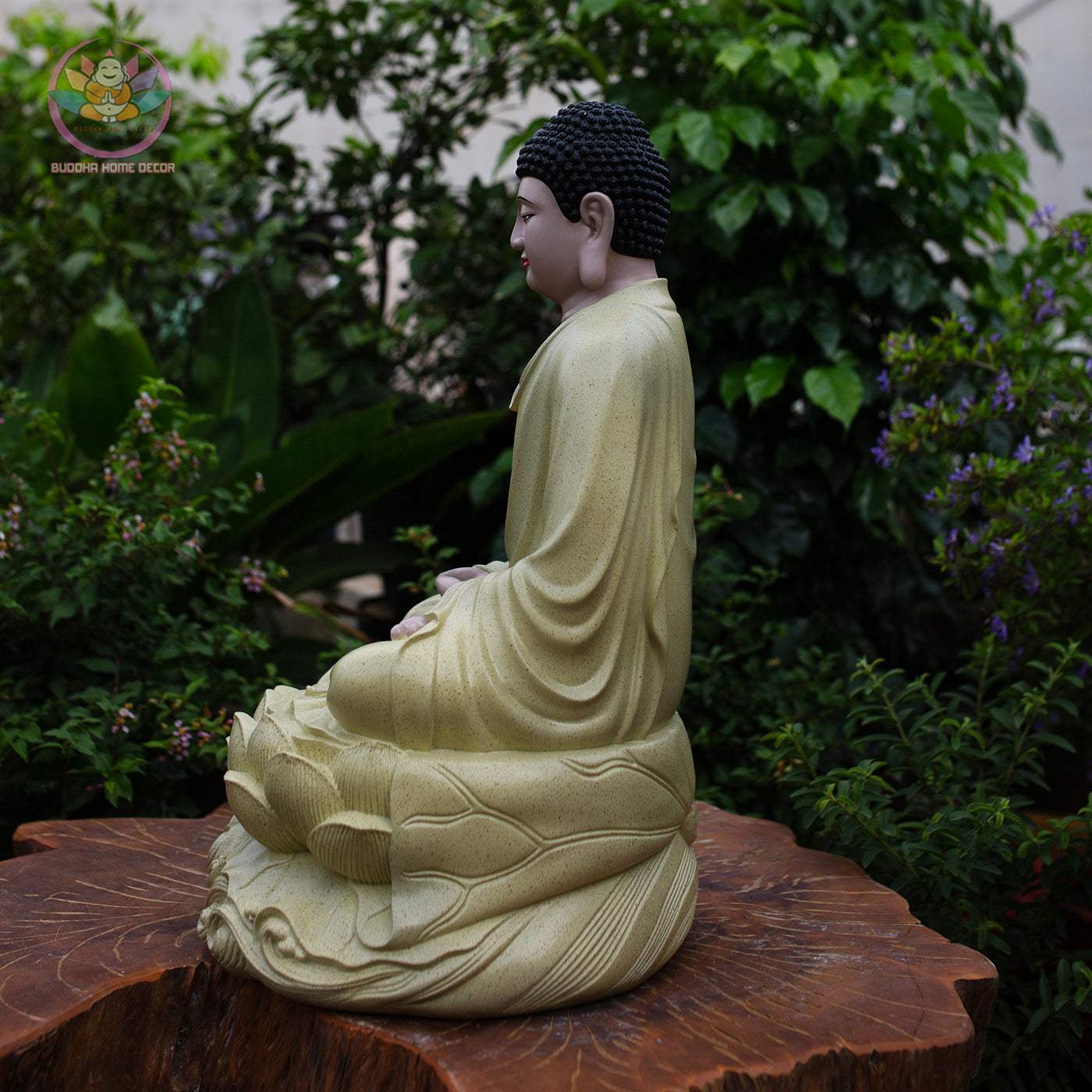 Shakyamuni Buddha Statue on Lotus – 18.9" (48cm) Cream Yellow Resin | Meditation Pose | Handcrafted Vietnamese Buddhist Decor