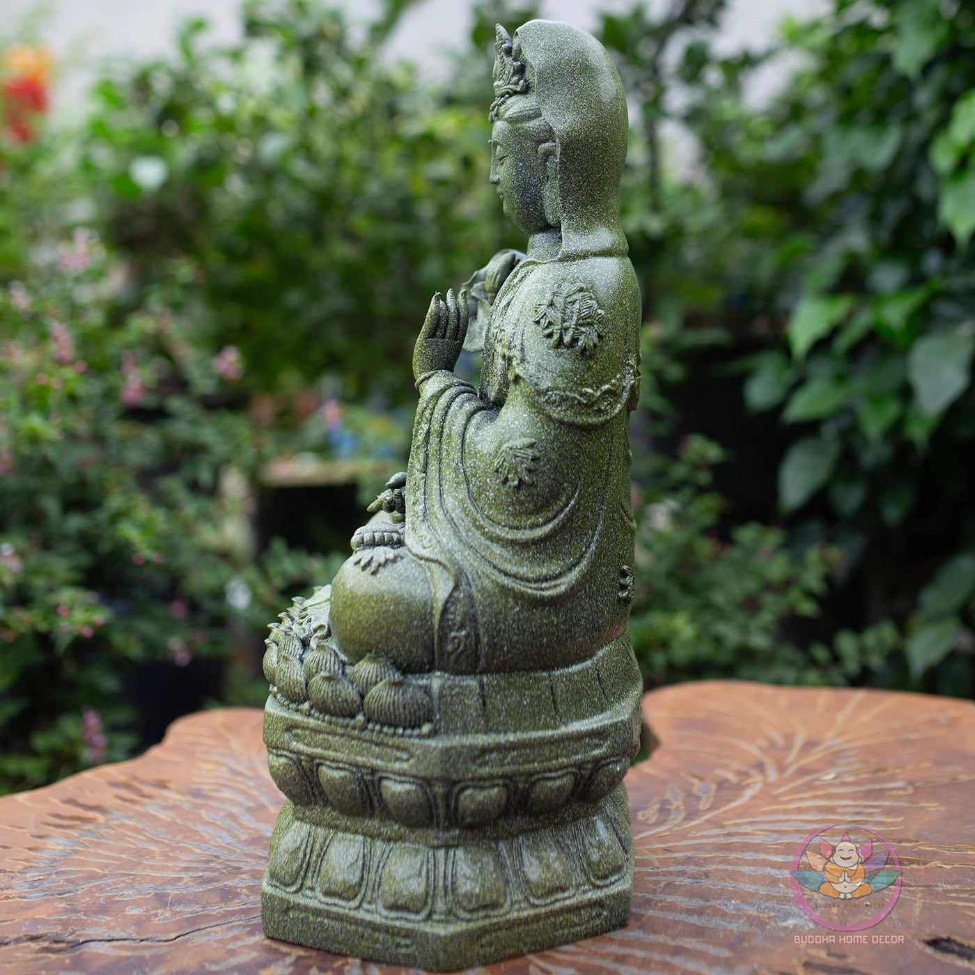 Guanyin Bodhisattva Statue 15.7" – Antique Green Stone Resin Kwan Yin Sculpture, Goddess of Mercy Figurine, Zen Buddhist Altar Decor Gift