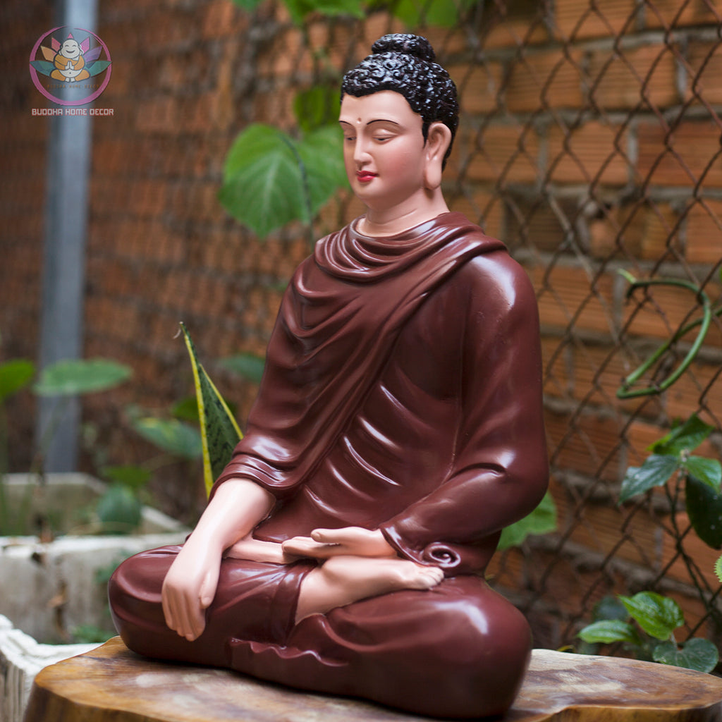 Brown Robe Buddha Statue – 18.1 inches Shakyamuni in Meditation | Glossy Ceramic-Look Finish | Handcrafted Resin | Vietnamese Buddhist Decor