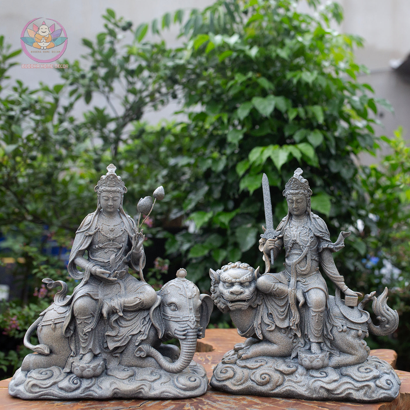 Manjushri and Samantabhadra Bodhisattva Statues 11.8" – Composite Stone Finish Buddhist Deities on Lion and Elephant