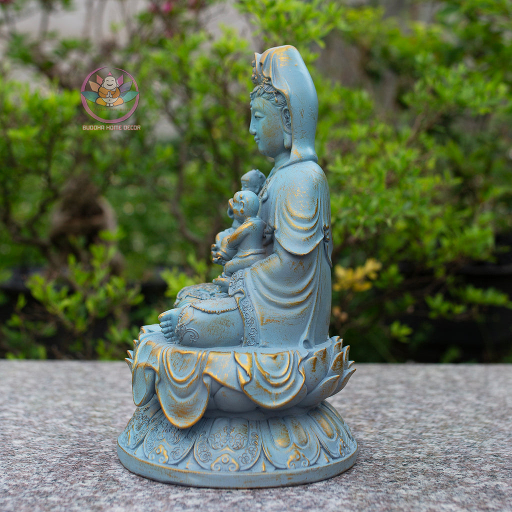 Quan Yin with Children Statue 11.8" | Composite Resin and Stone Powder | Blue Finish Guanyin Bodhisattva