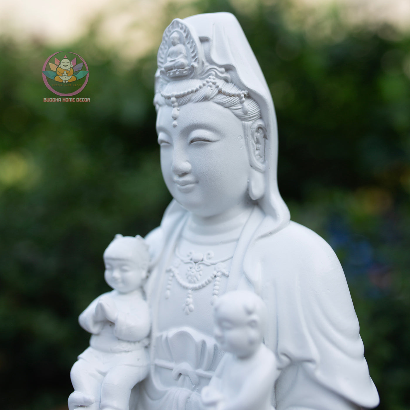 Quan Yin with Children Statue 11.8" | Composite Resin and Stone Powder | White Finish Guanyin Bodhisattva