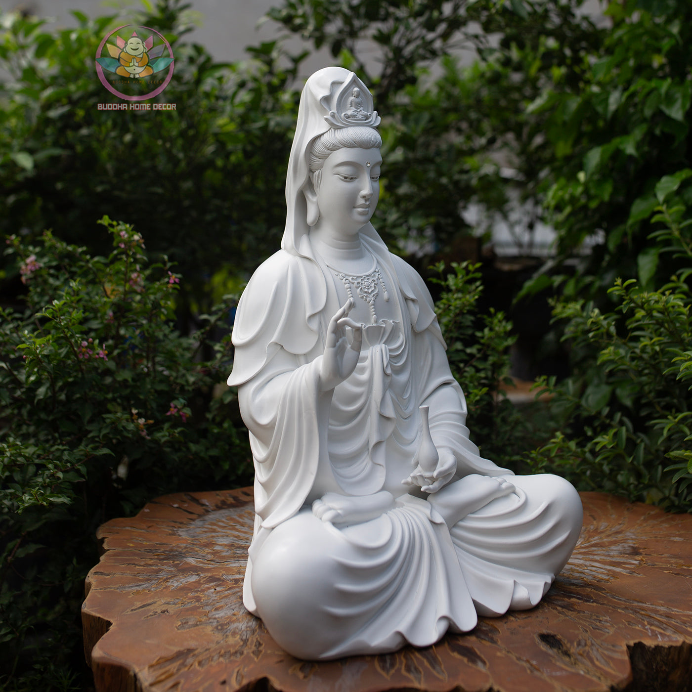 Seated Quan Yin Statue 18.5" | Composite Resin and Stone Powder | White Finish Guan Yin Bodhisattva