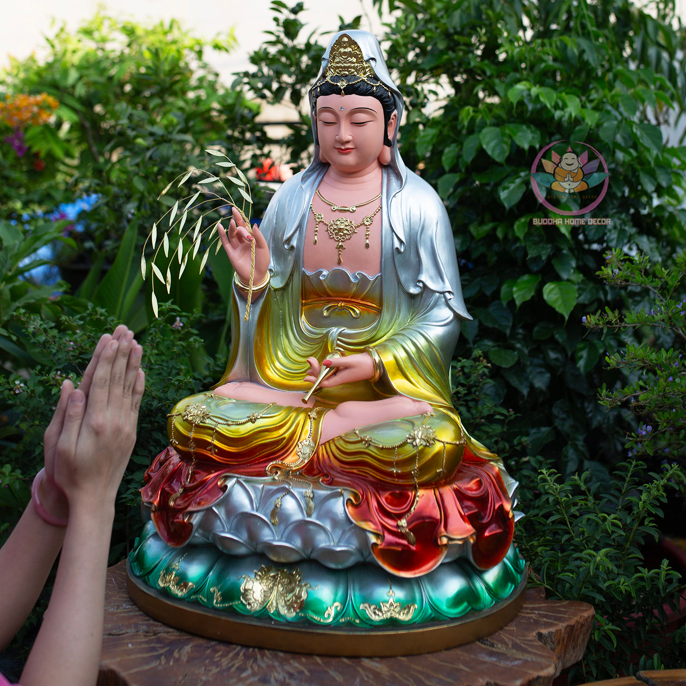 Multi-Color Quan Yin Statue 19.7" | Composite Resin and Stone Powder | Hand-Painted Guanyin Bodhisattva on Lotus Base | Buddhist Altar Decor