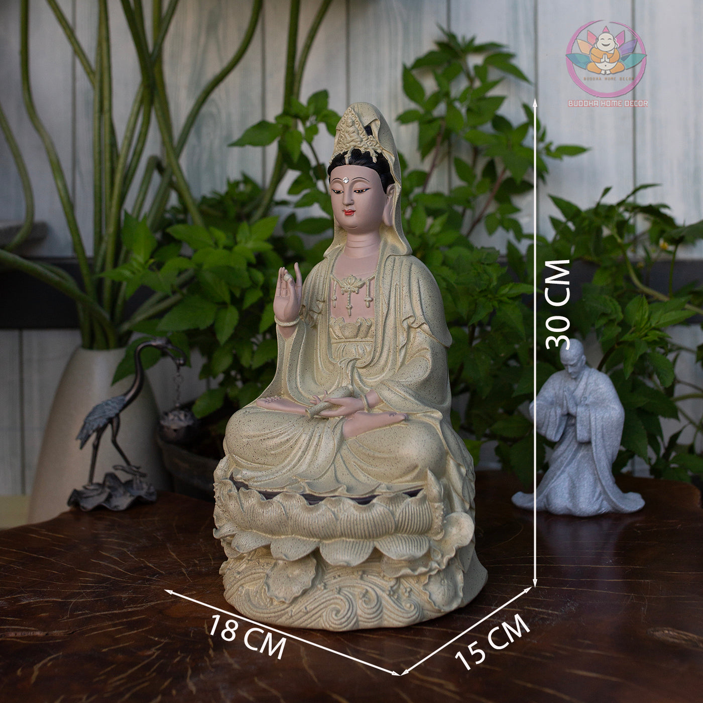 Matte Beige Guanyin Statue 11.8” | Kuan Yin Goddess of Mercy Figurine | Resin Sculpture for Altar, Zen Home, Meditation, Spiritual Gift