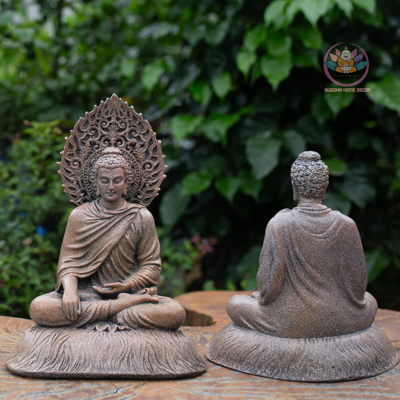 Shakyamuni Buddha Statue 8.7" – Antique Stone Finish Buddha with Halo Backdrop