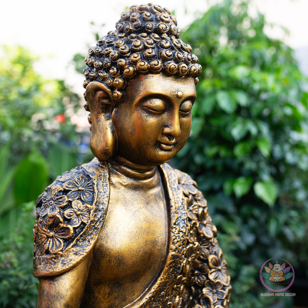 Gold Floral Buddha Statue – 27.6" & 16.9" Resin Meditating Buddha Figurine – Zen Home Altar, Garden, Spiritual Decor Gift