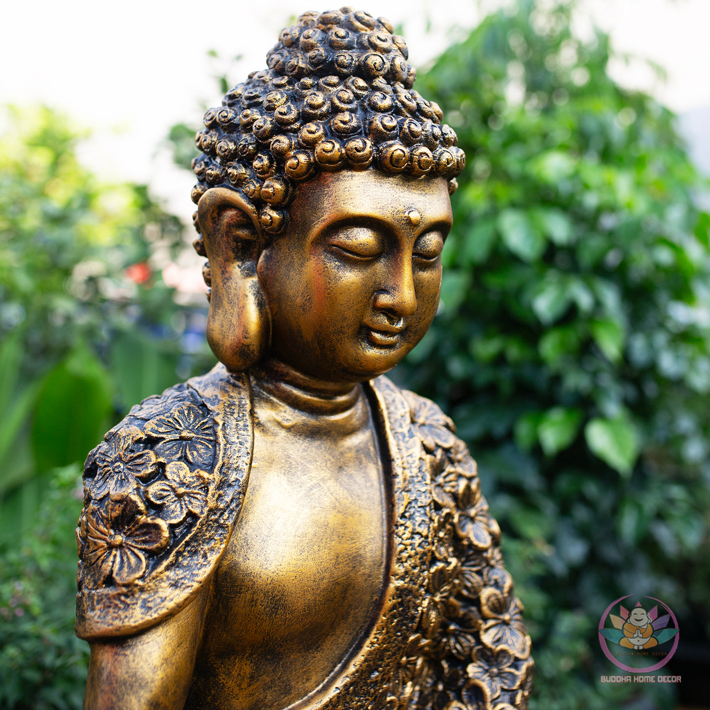Gold Floral Buddha Statue – 27.6" & 16.9" Resin Meditating Buddha Figurine – Zen Home Altar, Garden, Spiritual Decor Gift