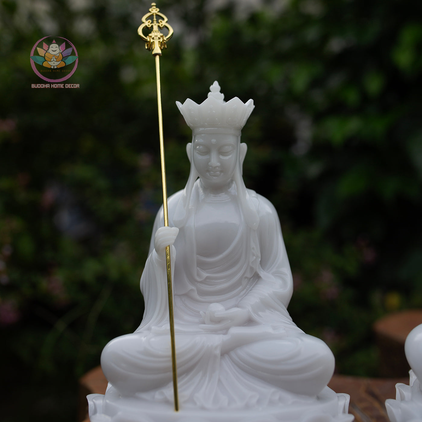 White Resin Buddha Statue Set – 30cm Guanyin & Ksitigarbha, 32cm Shakyamuni Buddha on Lotus Base