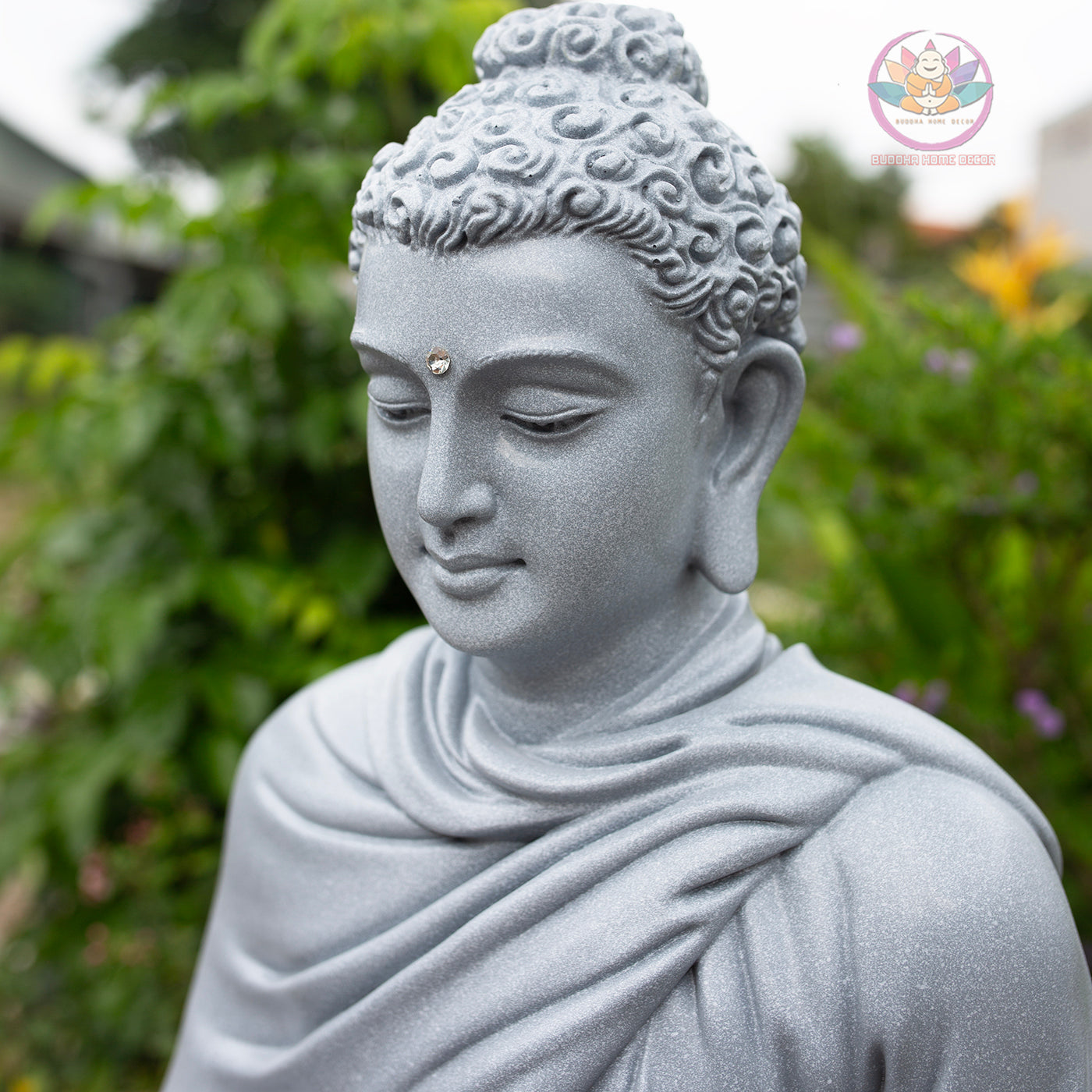Shakyamuni Buddha Statue 23.6" | Composite Resin and Stone Powder | Grey Stone Finish | Seated Meditation Buddha on Lotus Pedestal