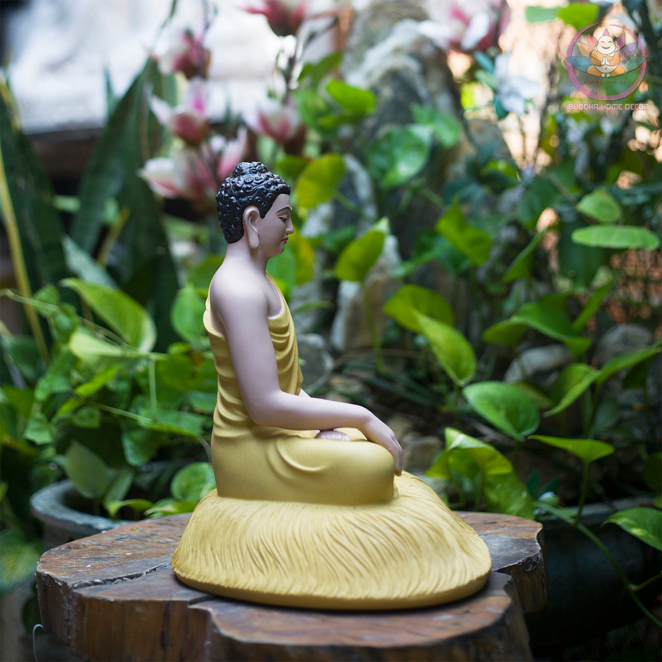 Yellow Robe Shakyamuni Buddha Statue – 11.8" Resin Sculpture on Lotus Base | Serene Meditation Decor & Spiritual Gift
