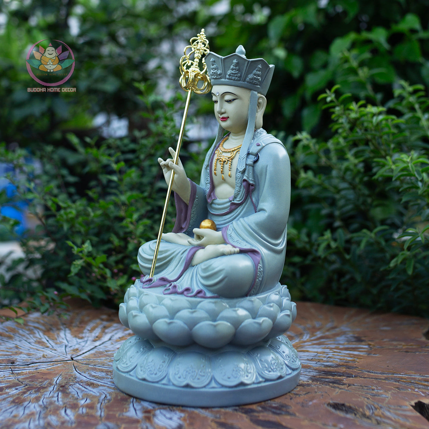 Ksitigarbha Bodhisattva Statue 11.8" | Pastel Grey Finish with Gold Details | Buddhist Altar and Meditation Decor