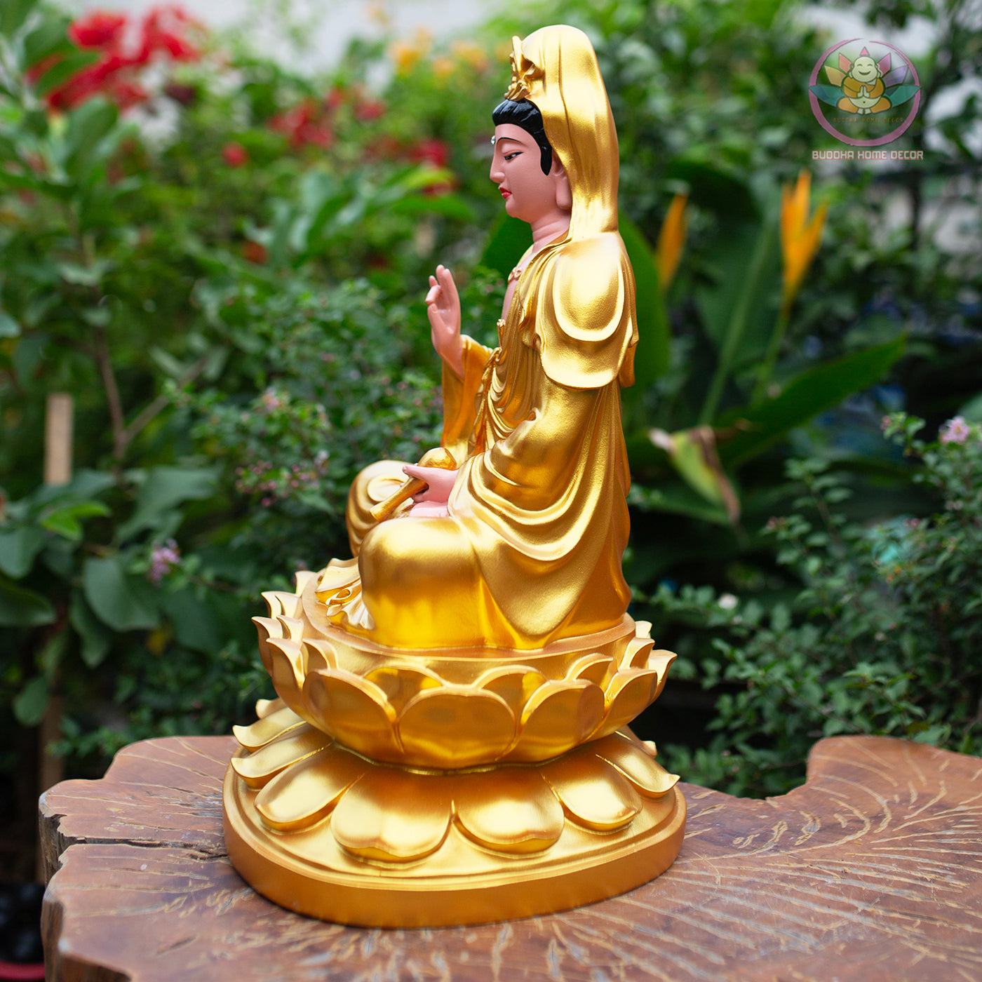 Golden Quan Yin Statue – Large Guanyin Goddess of Mercy on Lotus, Buddhist Altar & Meditation Room Decor (17.7”H x 12.2”W x 9.4”D)