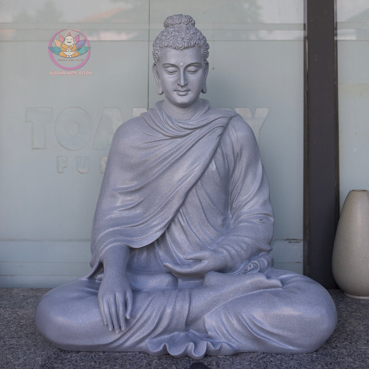 Shakyamuni Buddha Statue – Large Grey Stone Finish Seated Buddha Meditation Sculpture 29.5"