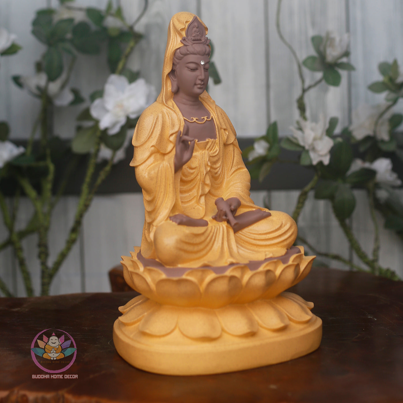 Yellow Robe Guanyin Statue – 11.8" Avalokiteshvara on Lotus Base | Kwan Yin Resin Sculpture for Altar & Zen Decor