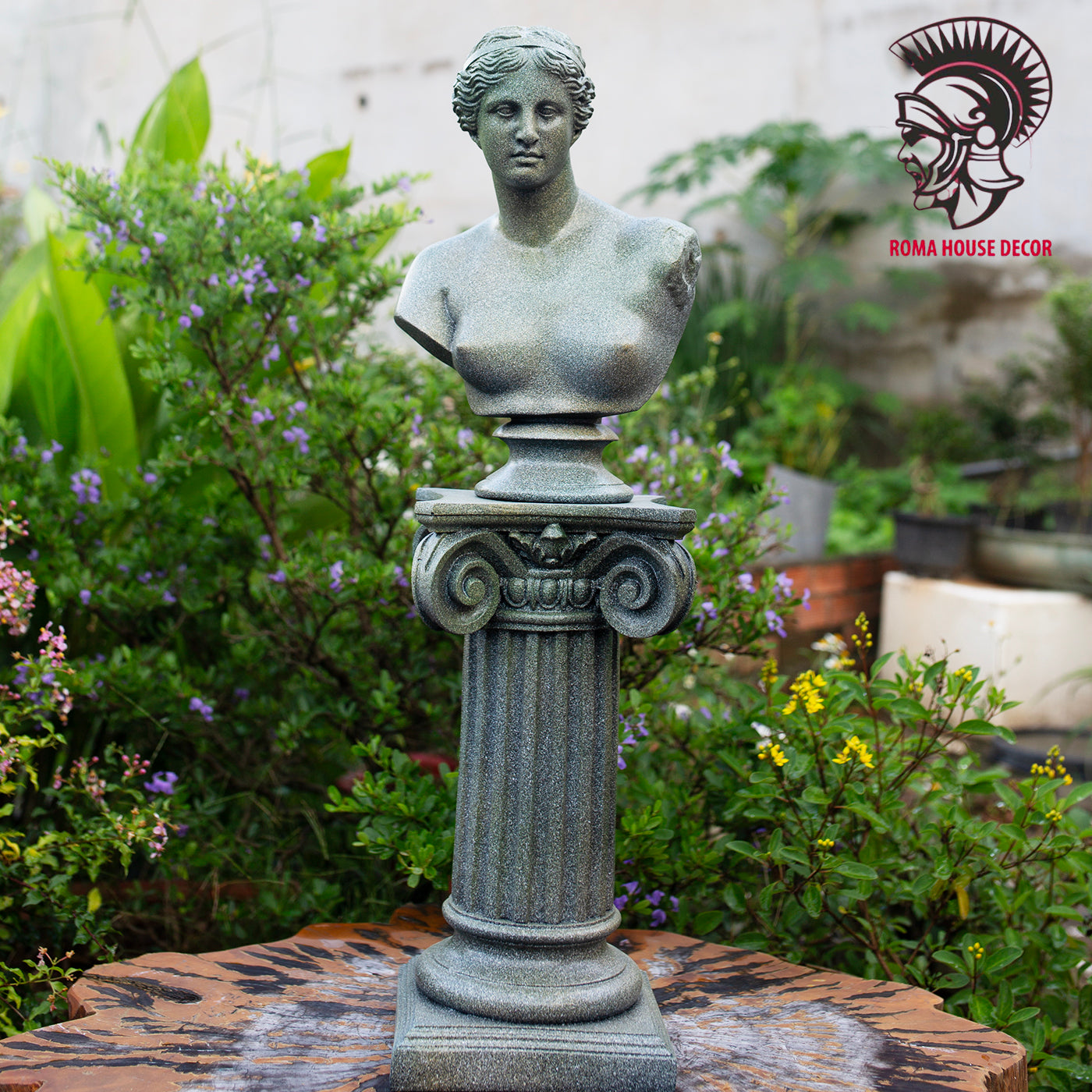 Venus de Milo Bust with Column Pedestal – Greek Goddess Sculpture Set, Green Stone Finish (11.8" & 13")