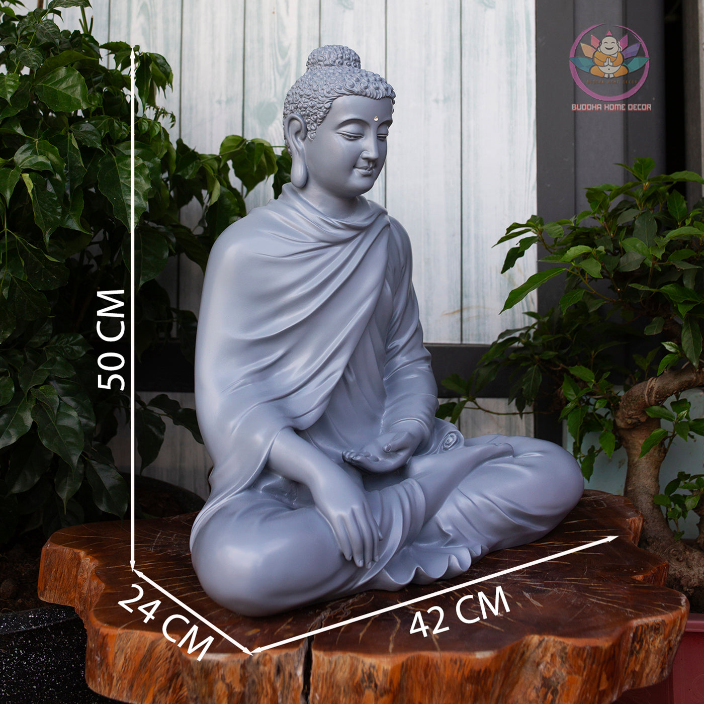 Blue-Grey Buddha Statue – 19.7" (50cm) Shakyamuni in Meditation | Satin Resin Finish | Handcrafted Buddhist Decor from Vietnam