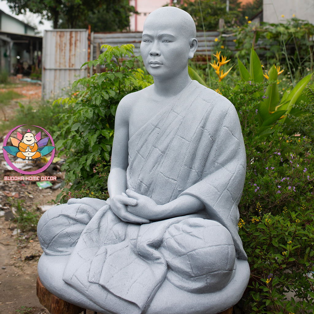 Thich Minh Quang Monk Statue 36" | Composite Resin and Stone Powder | Grey Stone Finish | Seated Meditation Monk Sculpture
