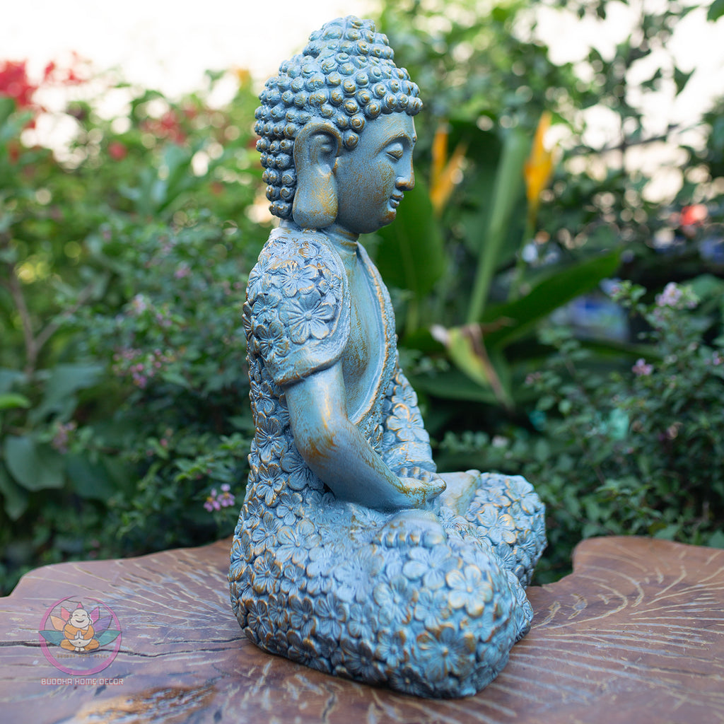Shakyamuni Buddha Statue – Blue Floral Meditation Sculpture – Zen Home Decor, Buddhist Altar Ornament, Mindfulness Spiritual Gift