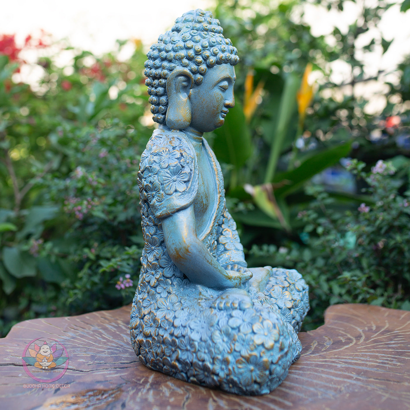Shakyamuni Buddha Statue – Blue Floral Meditation Sculpture – Zen Home Decor, Buddhist Altar Ornament, Mindfulness Spiritual Gift