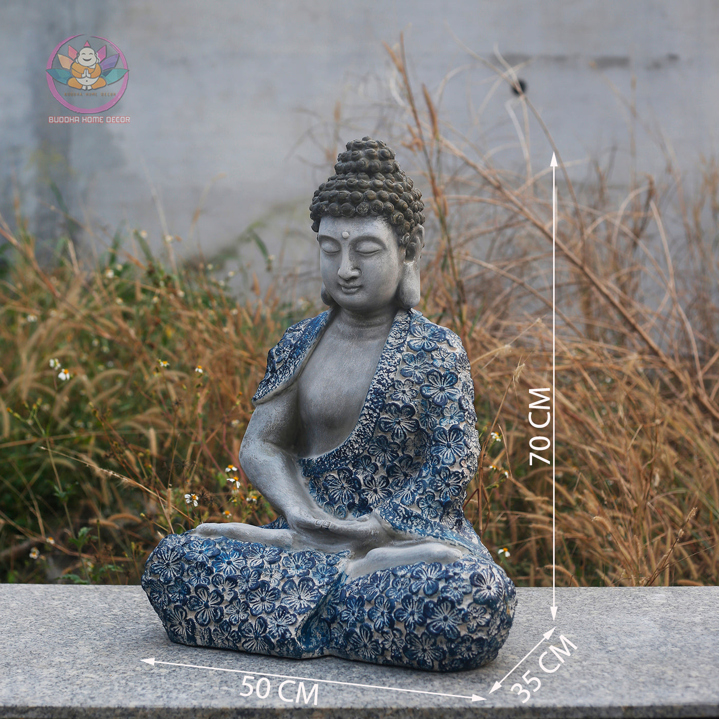 Floral Blue Buddha Statue – 17" & 27.5" | Handcrafted Resin Shakyamuni | Meditation Sculpture with Lotus Motif from Vietnam