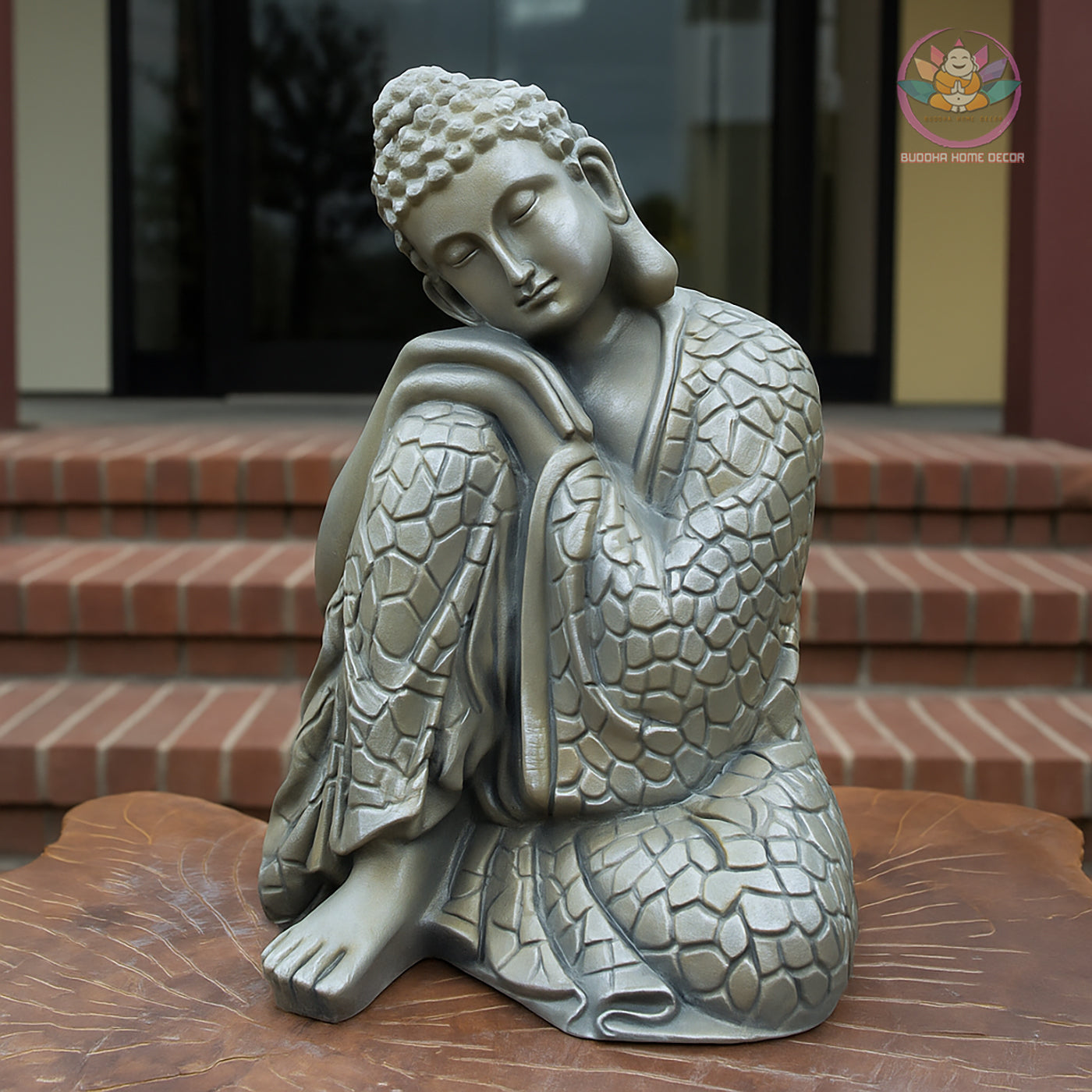Resting Buddha Statue – Silver Finish Resin Sculpture – Zen Meditation Decor, Mindfulness Gift, Buddhist Home Altar Ornament - 13.4 inches