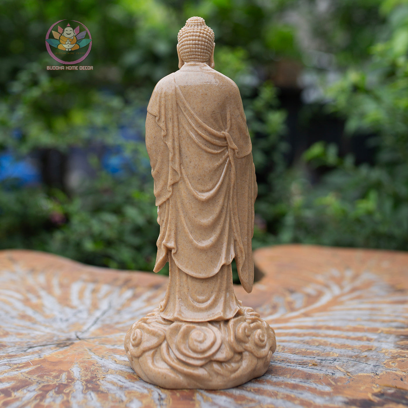 Amitabha Buddha Statue – 9" Standing Buddha on Lotus Base | Resin Stone Finish