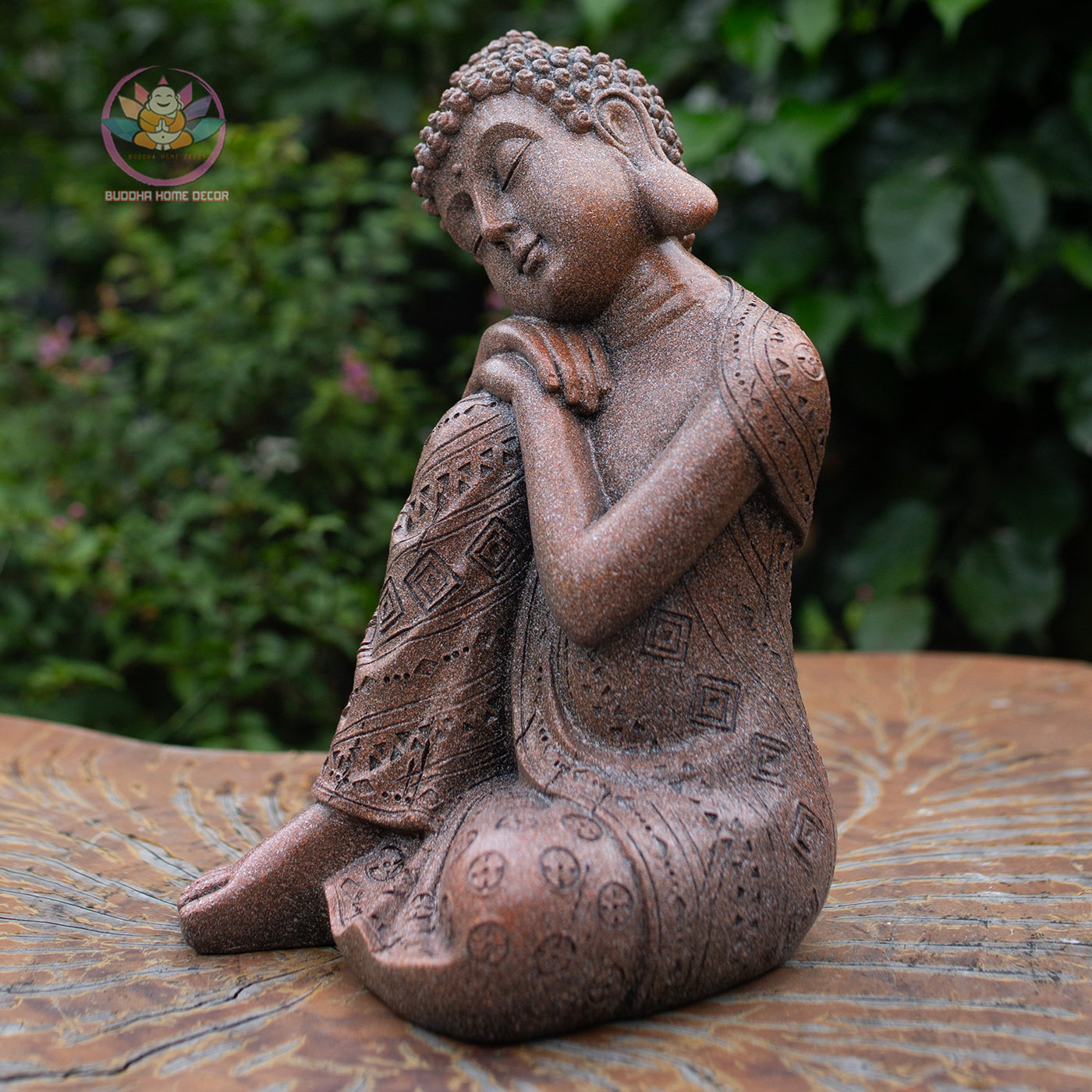 Resting Buddha Statue 9.8" – Red Stone Finish Sleeping Buddha for Home & Garden Decor