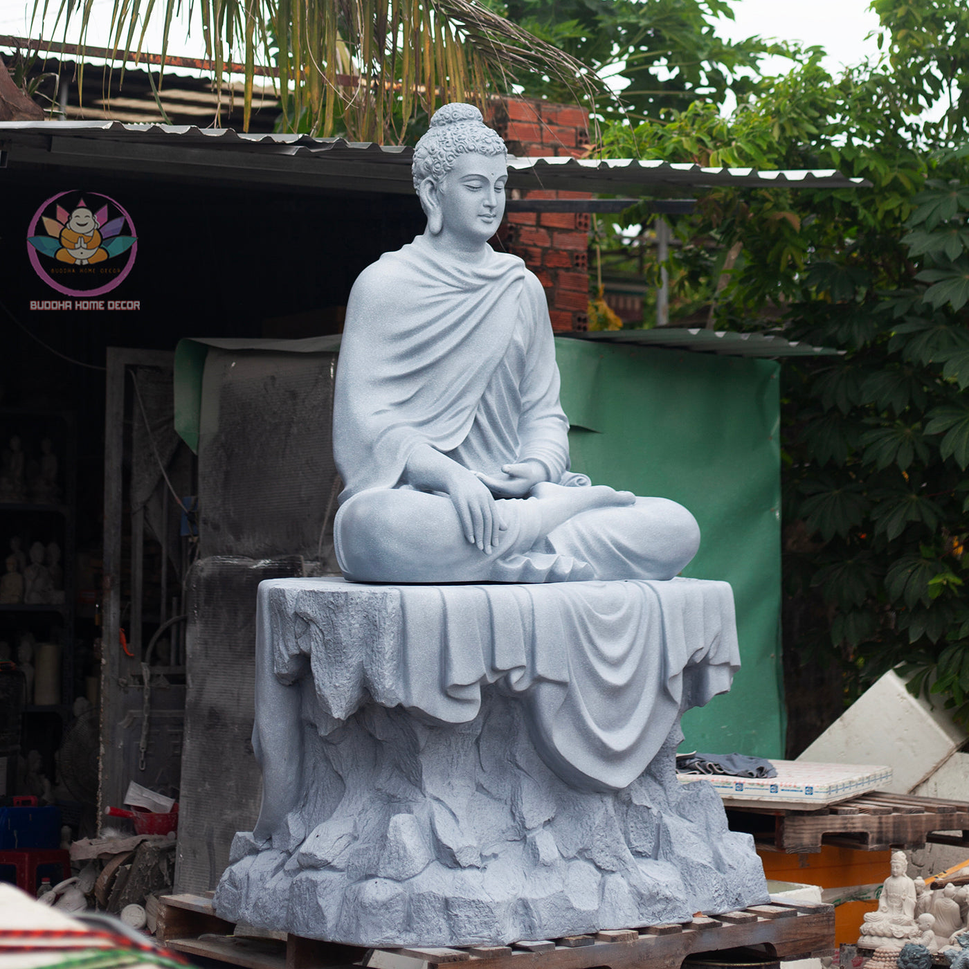 Shakyamuni Buddha Statue 78" – Extra Large Composite Seated Buddha on Stone Base, Outdoor Garden Temple Sculpture