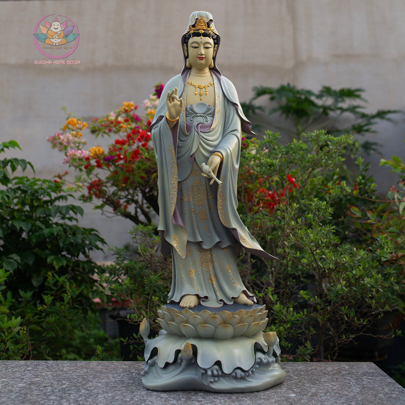 Standing Guanyin Statue – 35.4" (90cm) Bodhisattva on Cloud Base | Hand-Painted Resin Sculpture | Vintage Buddhist Decor from Vietnam