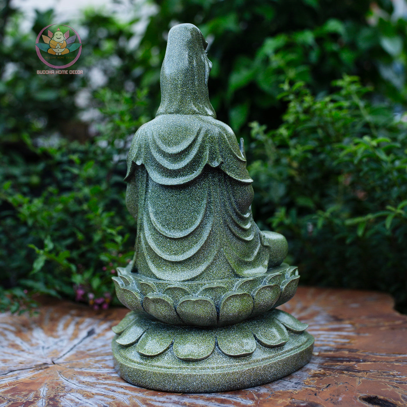 Quan Yin Bodhisattva Statue 11.8" | Green Stone Finish | Seated Guanyin on Lotus Pedestal