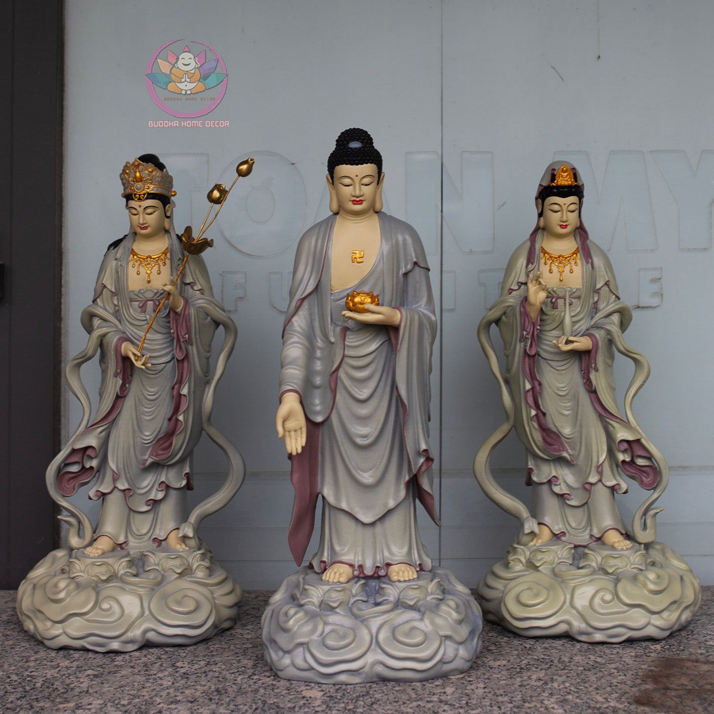 Amitabha Trinity set (Amitabha Buddha with Avalokiteshvara & Mahasthamaprapta) – 50 cm Resin Statue Set – Cloud Pedestal Design