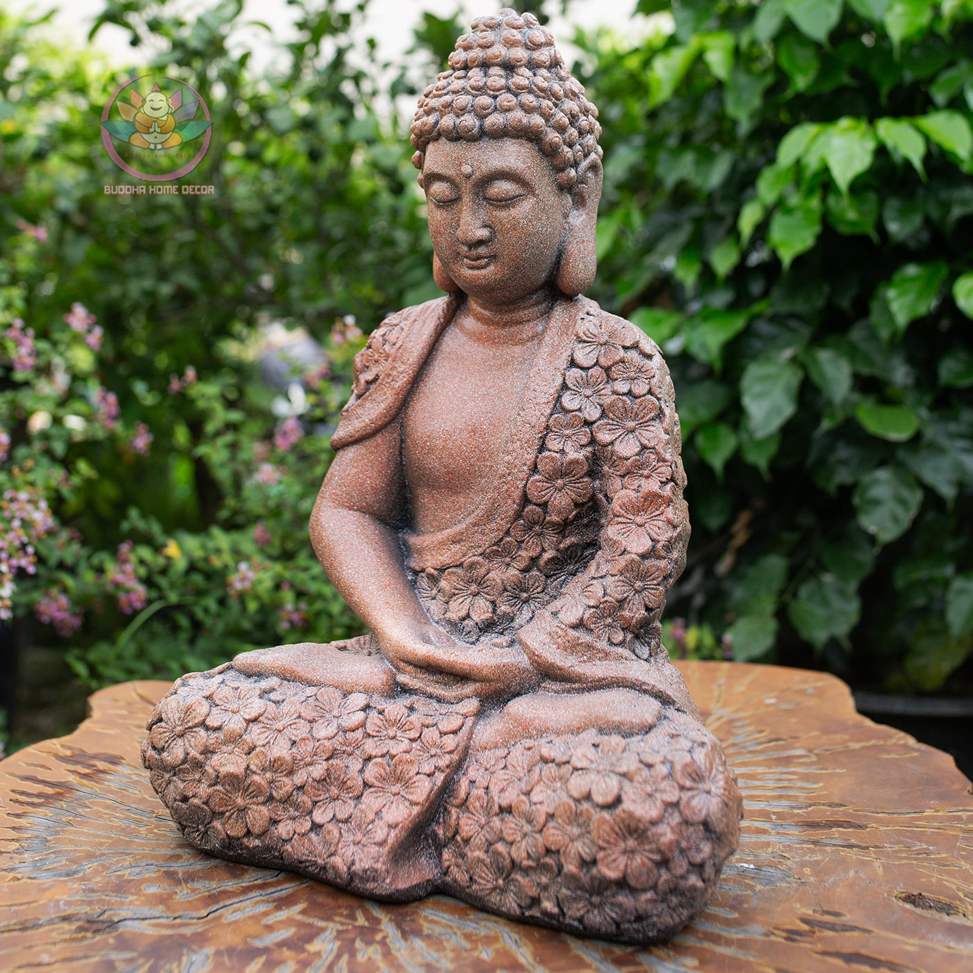 Floral Robe Seated Buddha 16.9" – Meditating Buddha Statue for Home & Garden Decor