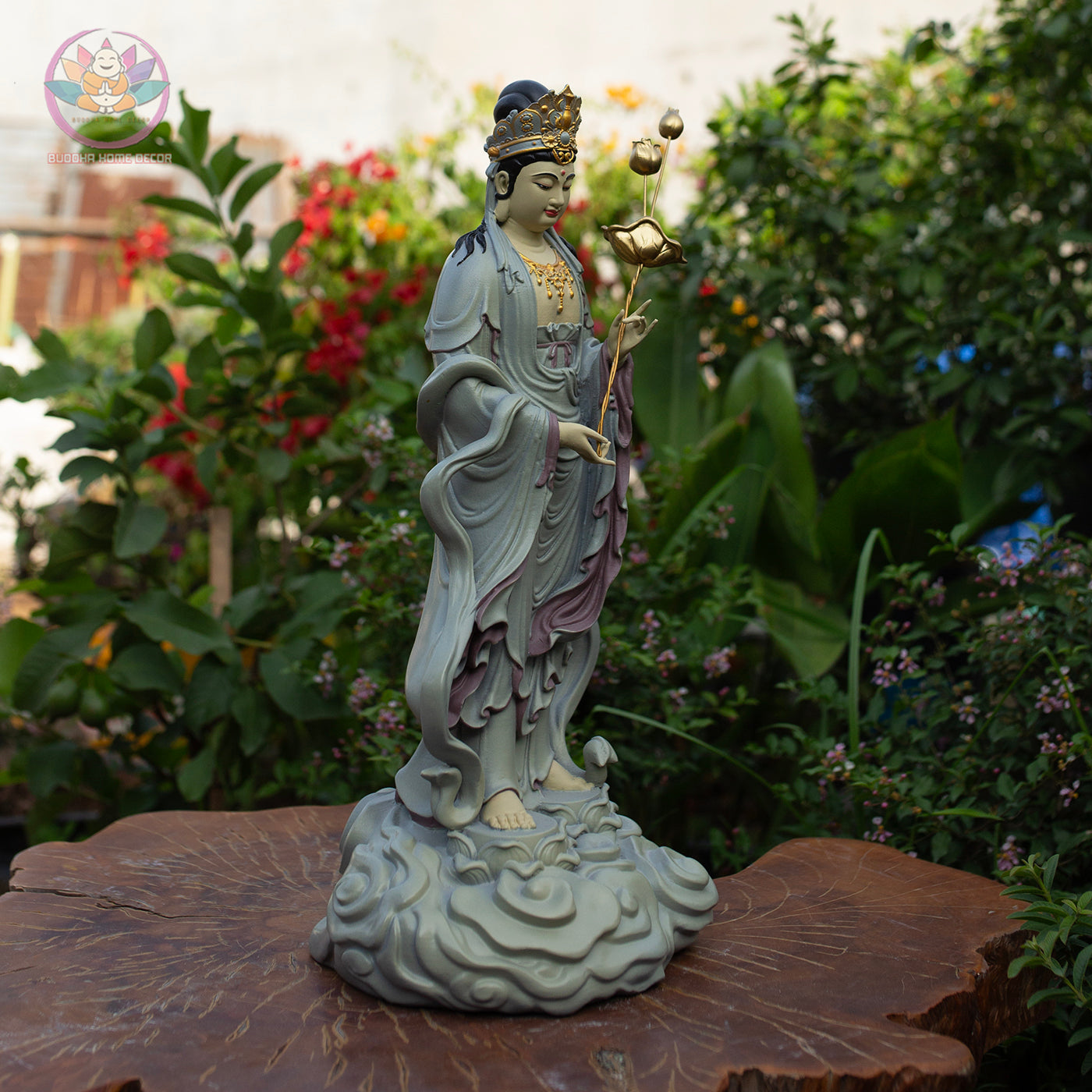 Seishi Bodhisattva Statue – 19.7" (50cm) Standing Mahasthamaprapta with Lotus Staff | Hand-Painted Resin Sculpture | Buddhist Altar Decor