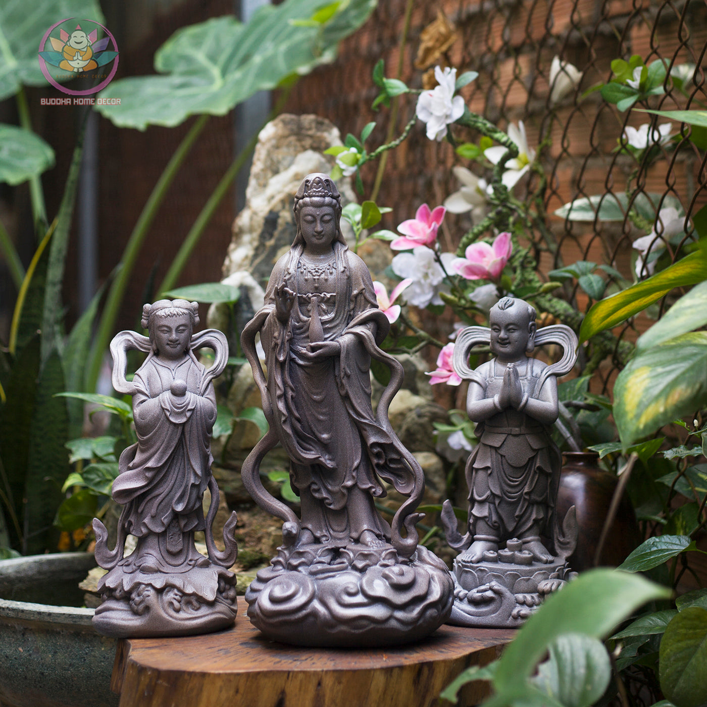 Heavenly Attendant Statue Set 11.8” | Boy & Girl Attendants (Tien Dong Ngoc Nu) | Resin Figurines for Altar, Buddhist Decor