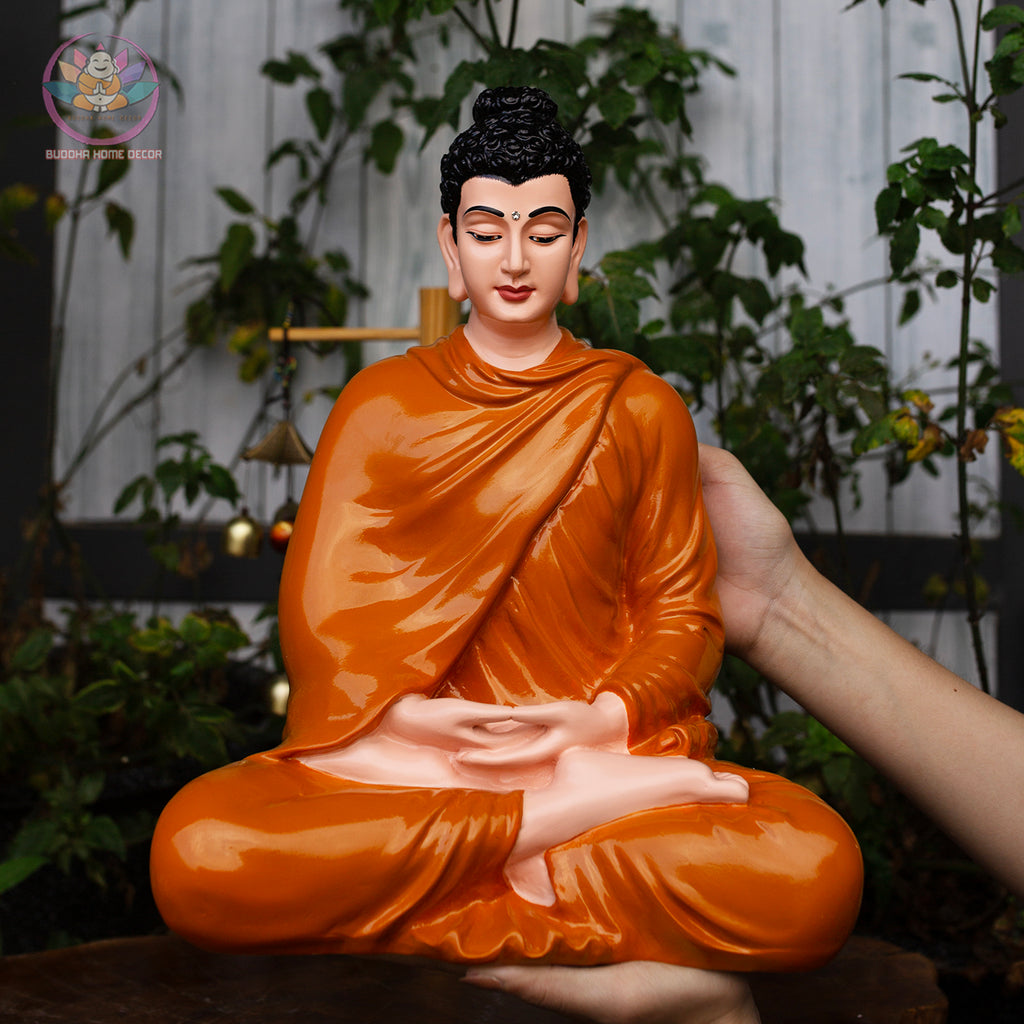 Shakyamuni Buddha Statue – 13.7" Meditation Figure in Orange Robe | Handcrafted Resin Sculpture for Altar & Zen Space