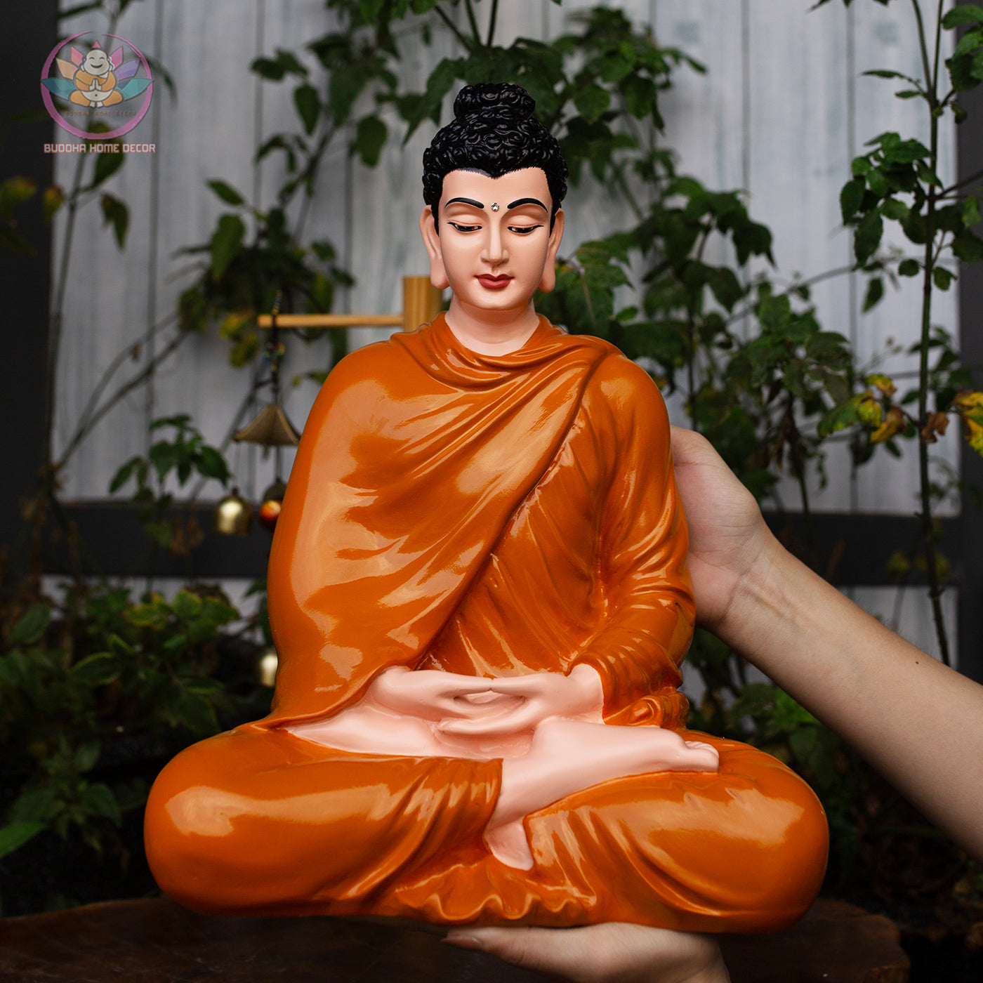 Shakyamuni Buddha Statue – 13.7" Meditation Figure in Orange Robe | Handcrafted Resin Sculpture for Altar & Zen Space