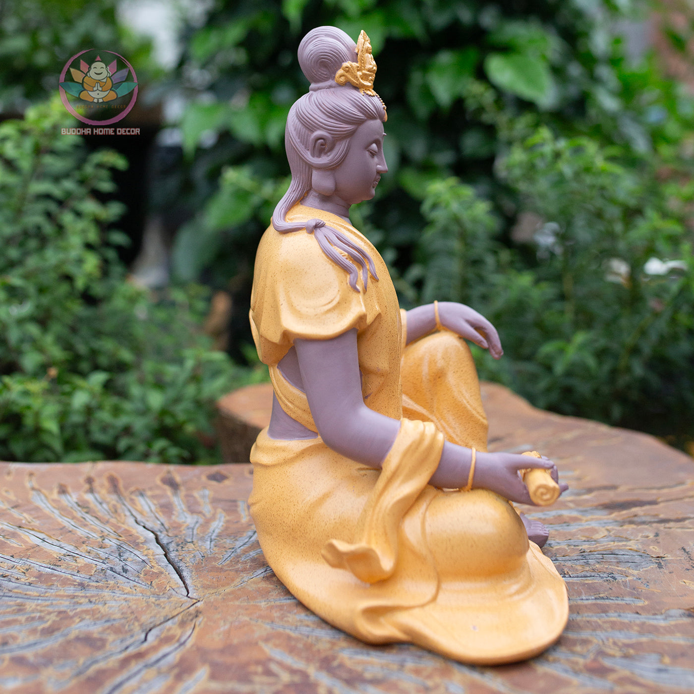 Guanyin Bodhisattva Statue 9.8" – Resin & Stone Powder Seated Kwan Yin in Golden Jade Finish