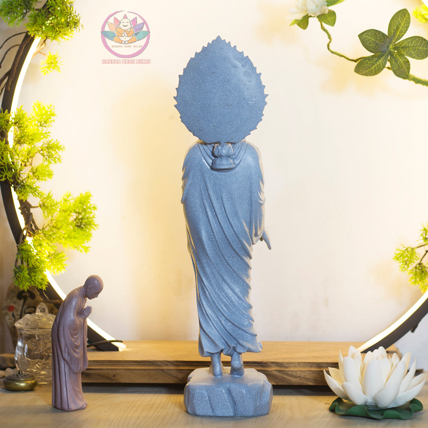 Shakyamuni Buddha Blessing Statue with Halo – 43cm Resin Stone Sculpture | Standing Buddha Figurine
