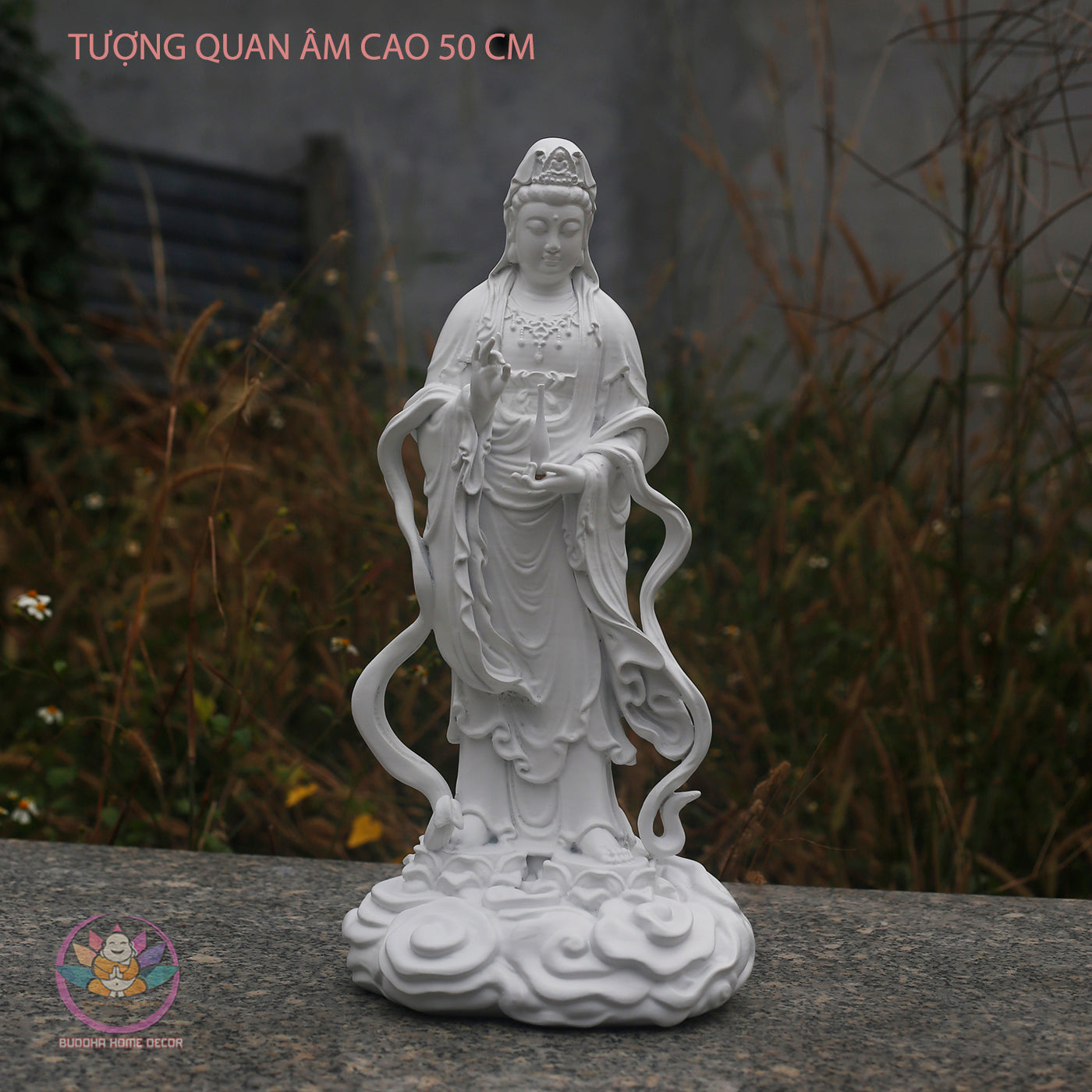 Standing Guanyin Statue – 19.7" (50cm) Bodhisattva on Cloud Base | Hand-Painted Resin Sculpture | Vintage Buddhist Decor from Vietnam