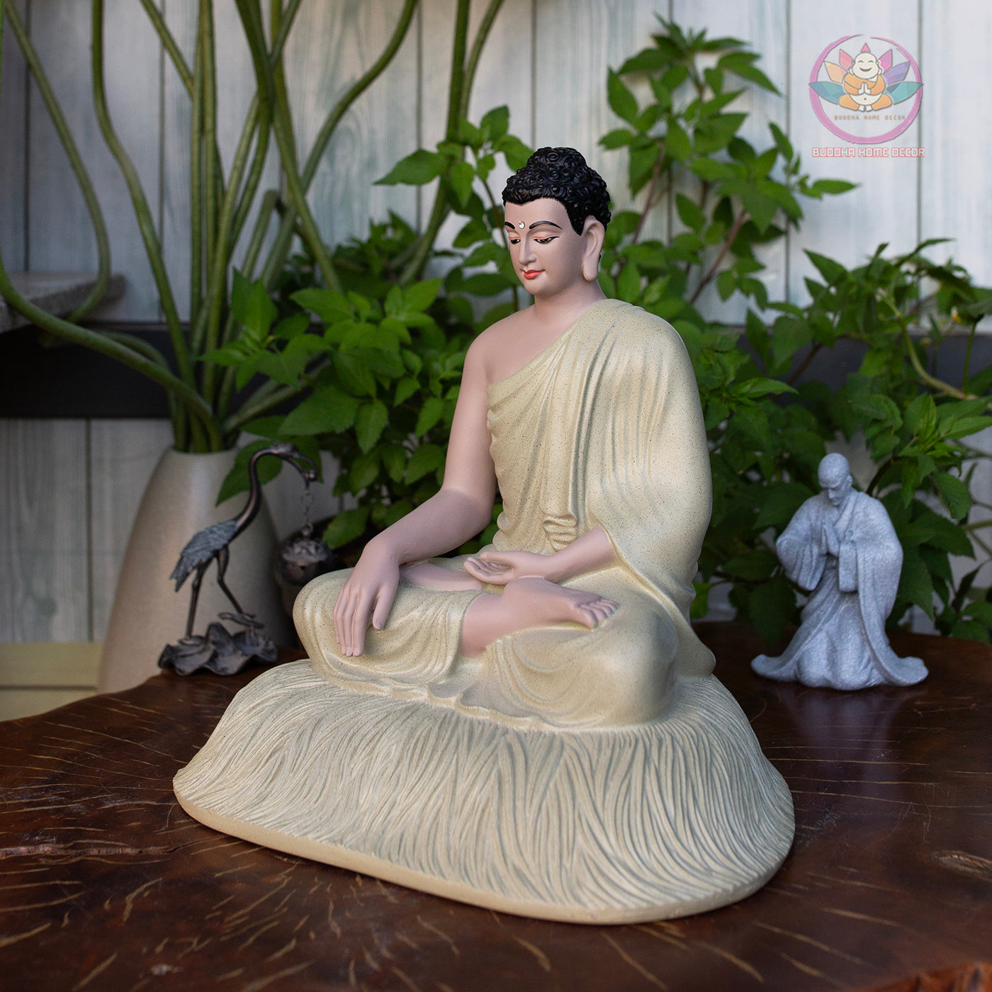 Cream White Shakyamuni Buddha Statue – 11.8" Resin Sculpture on Lotus Base | Elegant Buddhist Decor for Meditation & Home Altar