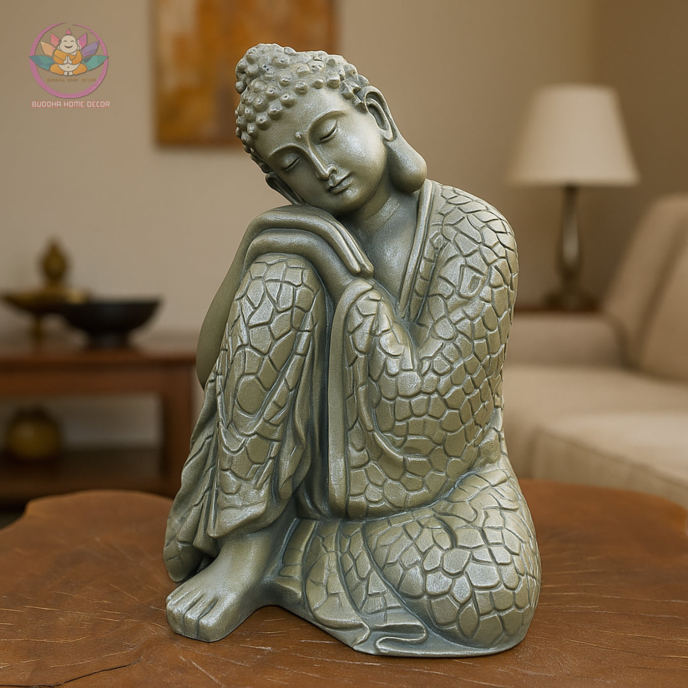 Resting Buddha Statue – Silver Finish Resin Sculpture – Zen Meditation Decor, Mindfulness Gift, Buddhist Home Altar Ornament - 13.4 inches