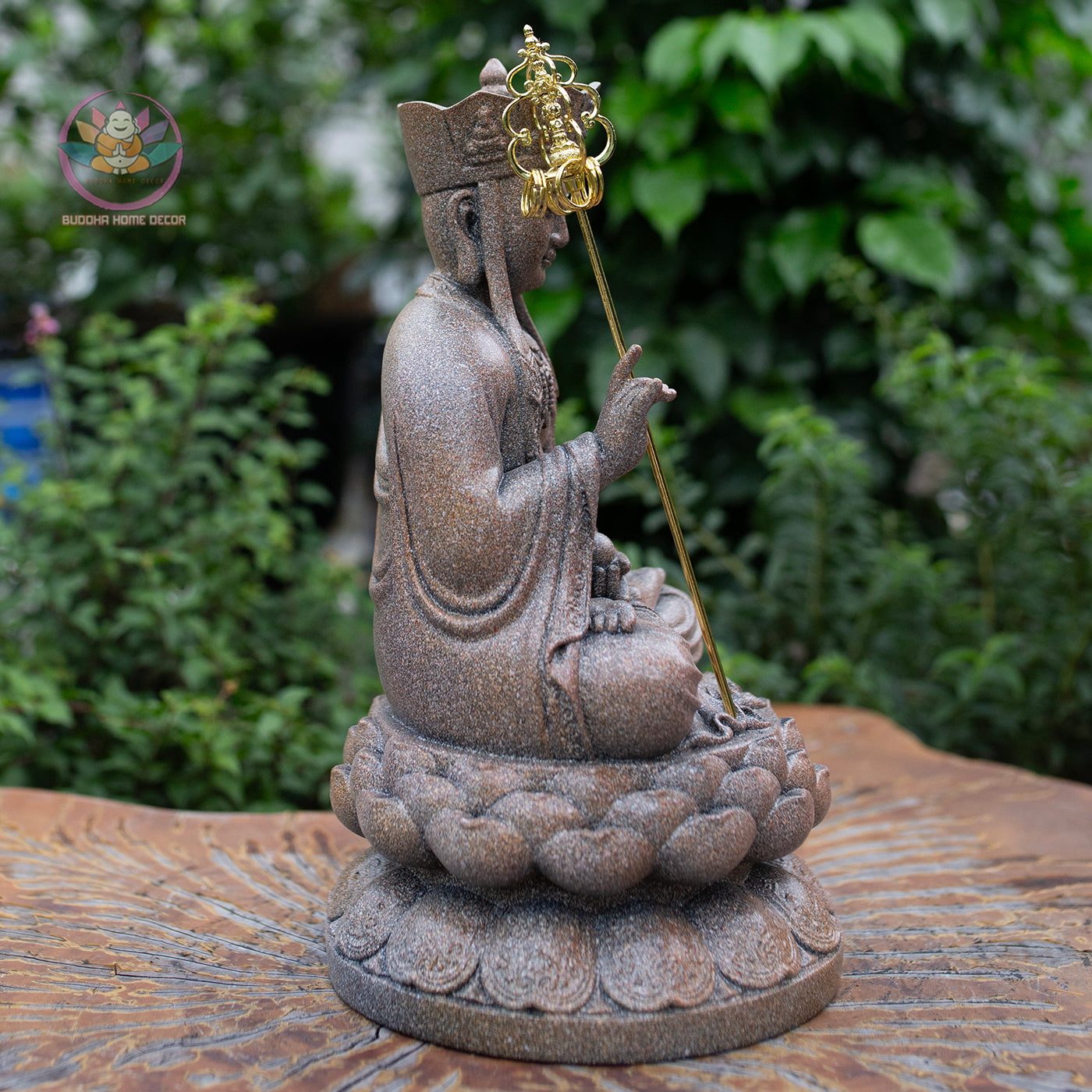 Ksitigarbha Bodhisattva Statue 11.8" – Antique Stone Finish Jizo with Lotus Pedestal