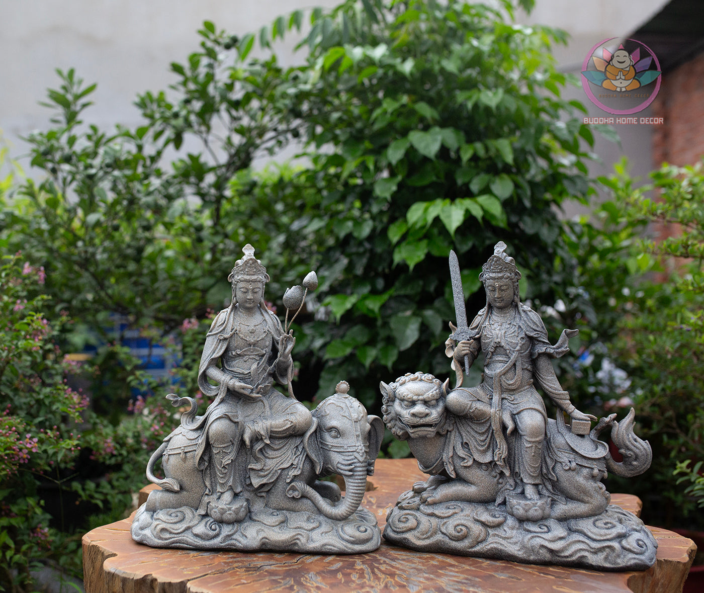 Manjushri and Samantabhadra Bodhisattva Statues 11.8" – Composite Stone Finish Buddhist Deities on Lion and Elephant