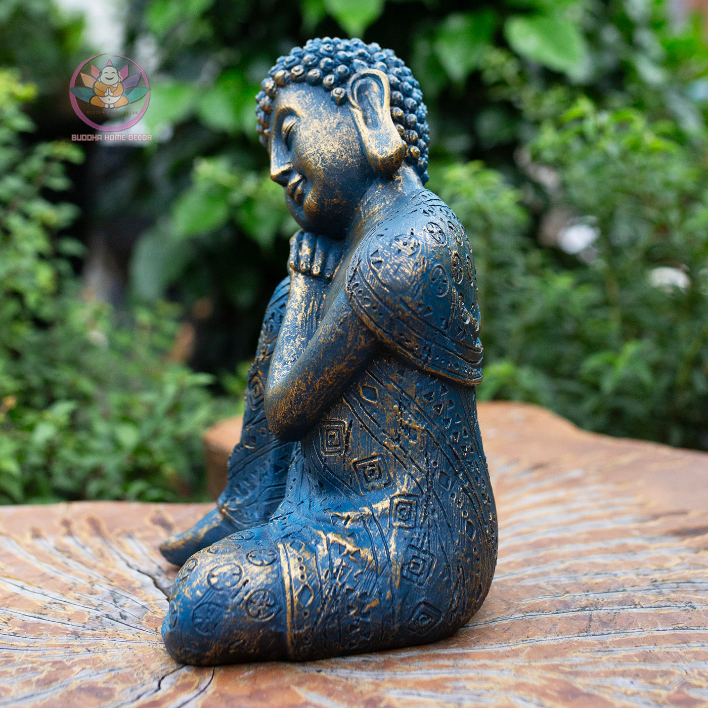 Resting Buddha Statue 9.4" – Blue Gold Finish Peaceful Sleeping Buddha Sculpture
