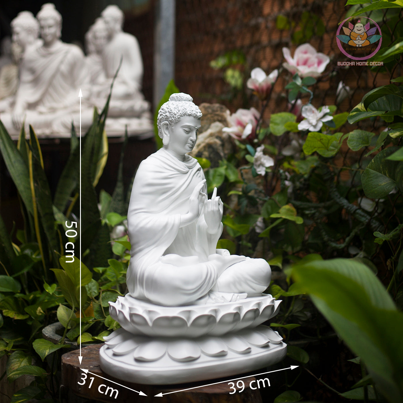 White Buddha Teaching Statue – 19.7" Resin Shakyamuni Turning the Dharma Wheel – Zen Altar, Meditation Space, Spiritual Decor Gift